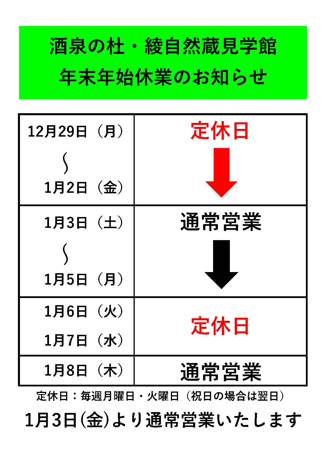 年末年始休業のお知らせ（令和7年12月29日から令和8年1月2日迄）